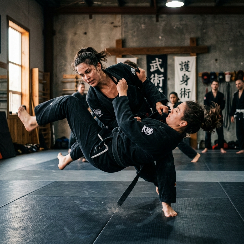 Adult Hapkido student executing a throw during class