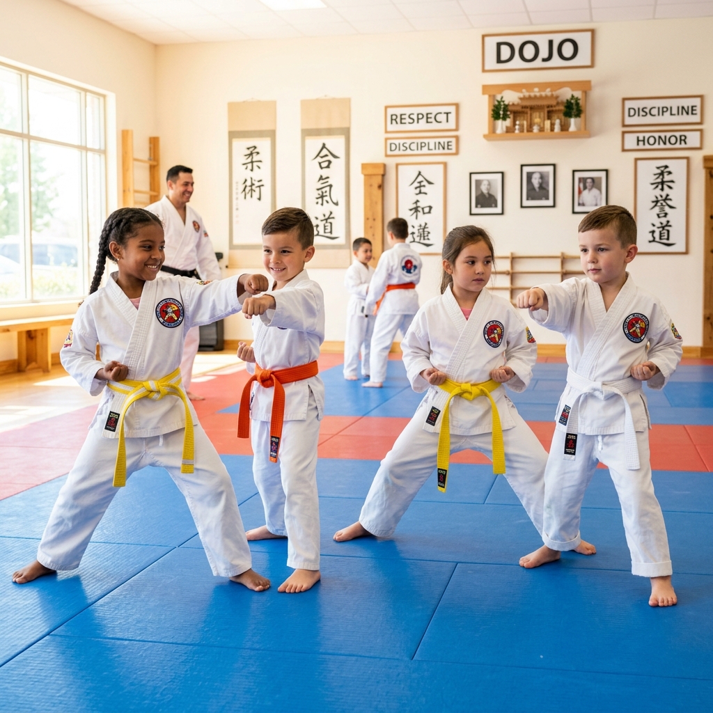 Kids practising anti-bullying stances in a martial arts class