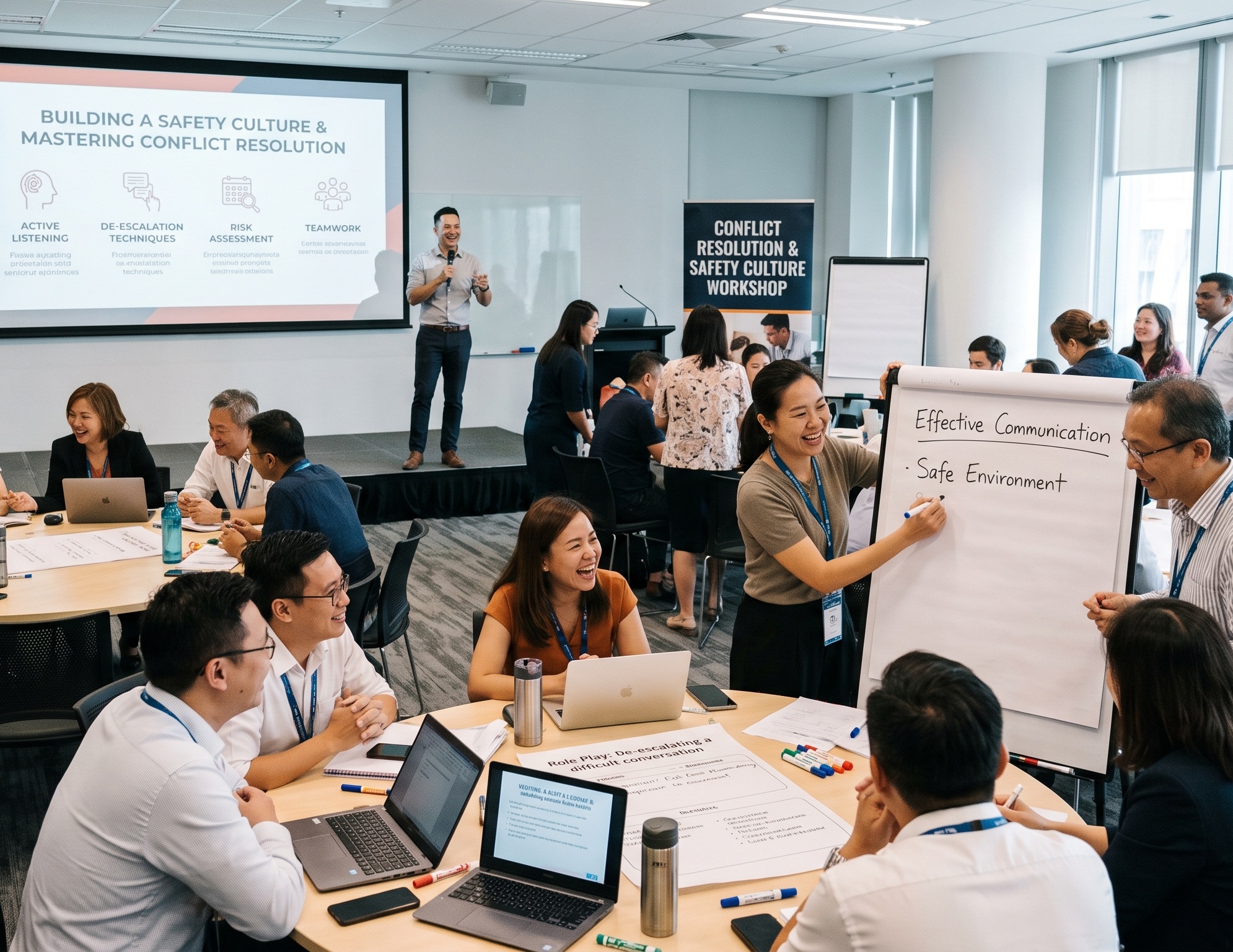 Corporate team taking part in a conflict resolution and safety culture workshop