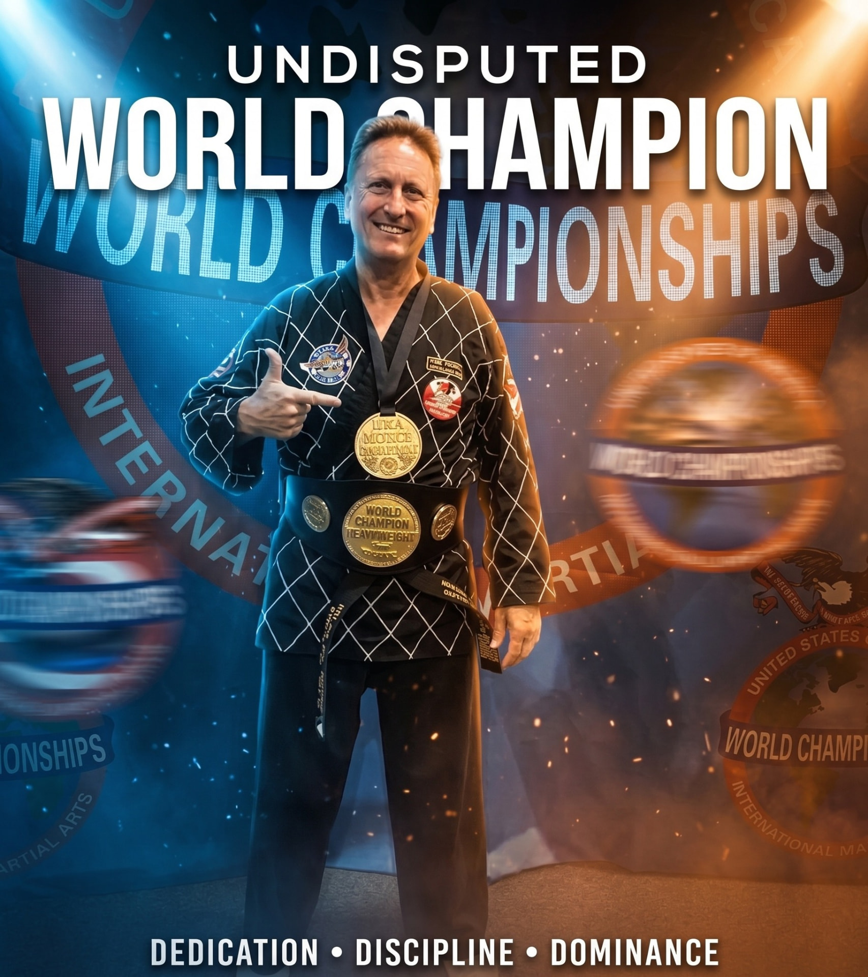 Grandmaster John Gill wearing his World Champion heavyweight belt and gold medal at the World Championships