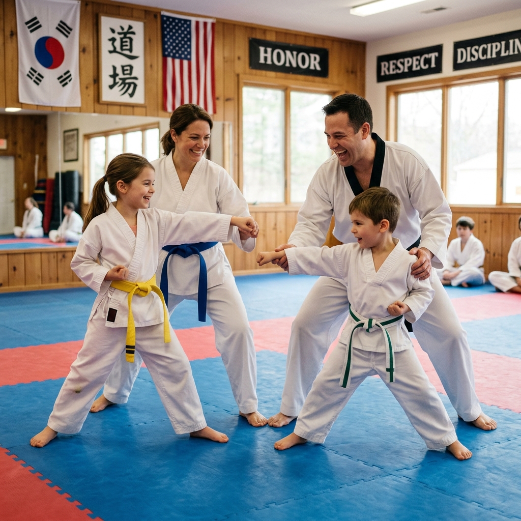 Parents and children training together in a family self-defence class