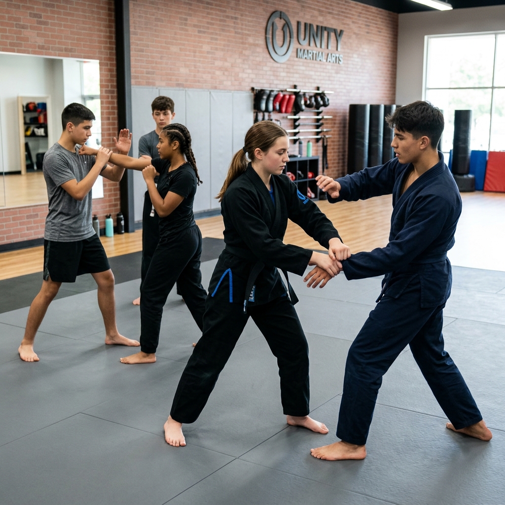 Teenagers practising wrist-grab escapes in a self-defence class